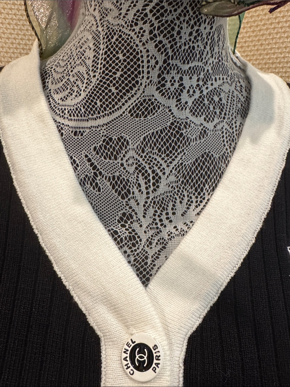 Classic Black and White CC Button Down Sweater - Picture 7 of 17